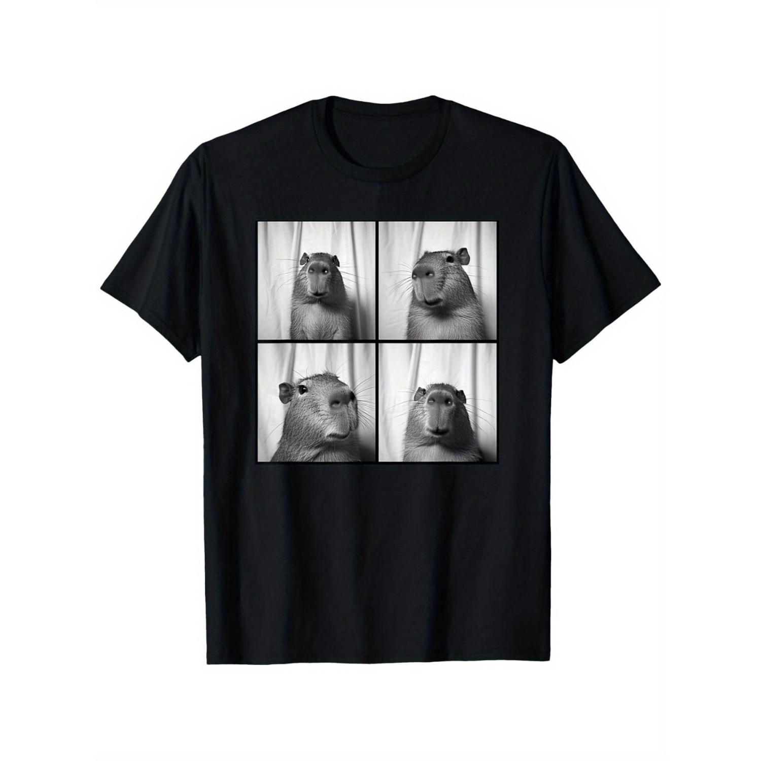 

Mens Fun Capybara Photo Design Casual Crew Neck TShirt with Fun Animal Prints On All Four Sides Pure Cotton Couple TShirt S чёрный