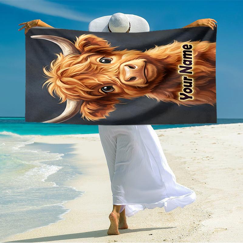 1PC Custom Name Highland Cow Portrait Beach Towel Highly Absorbent And Sand-Resistant Towel for Swimming, Pool, Yoga, And Travel Lightweight