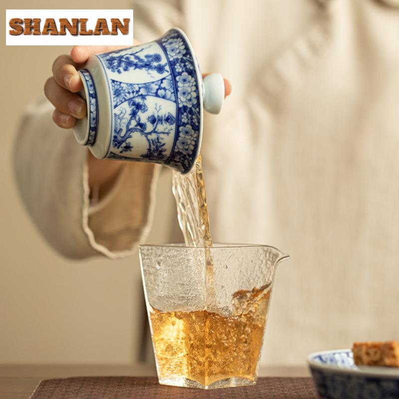 170ml Jingdezhen Antique Blue And White Gaiwan Aesthetic Twelve Gods Of Flowers Tea Tureen Tea Making Cover Bowl Cafes Tea Craft