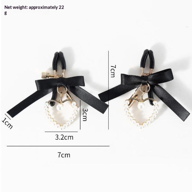 Adjustable Nipple Clamps With Soft Non Slip Tips Black Bow And Pearl Heart Pendant Perfect For Intimate Couple Bedroom Play