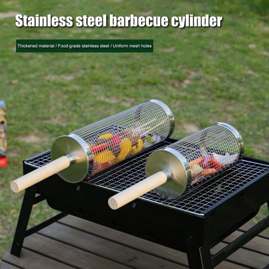 Stainless Steel BBQ Grill Basket with Wooden Handle Rolling Cage for Even Cooking Vegetables Seafood Meat Camping Barbecue Tool
