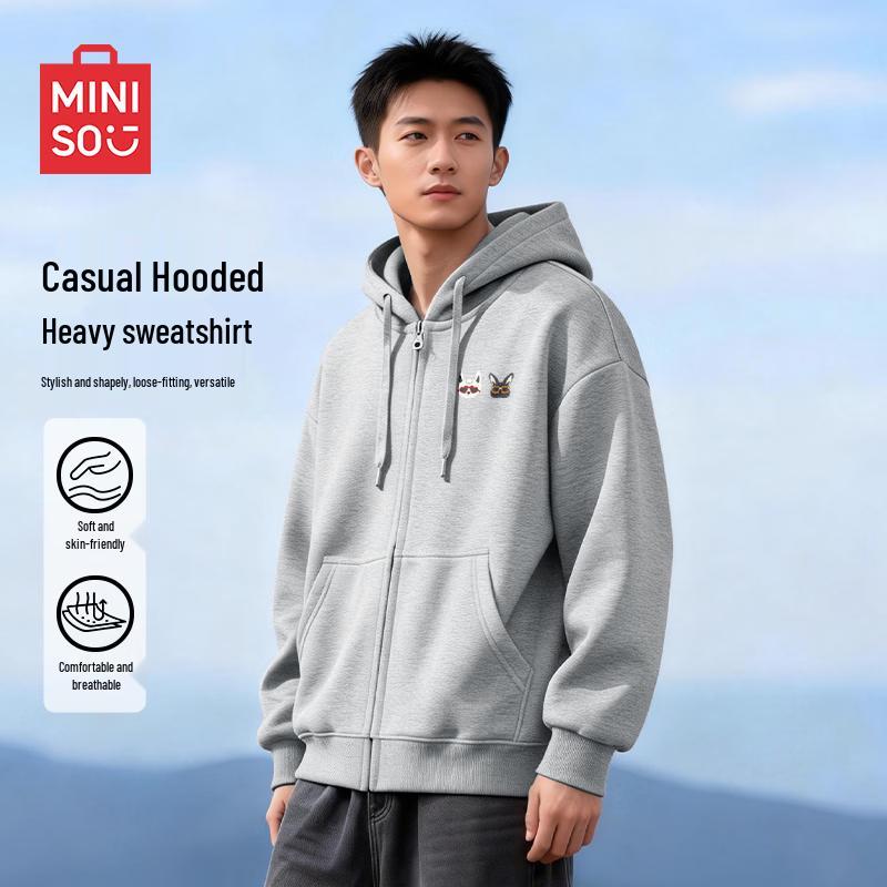 MINISO Men's Playful Cat Graphic Heavyweight Zip Hoodie
