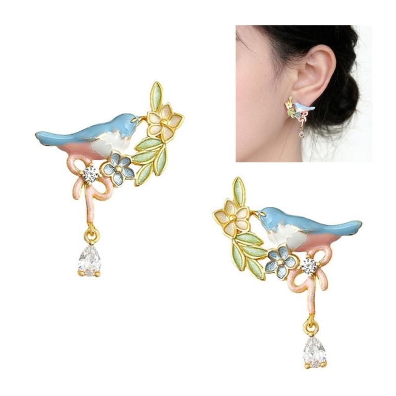 Bird Flower Earrings with Geometric Details Metal Construction Statement Ear Jewelry Suitable for Long Lasting Shine