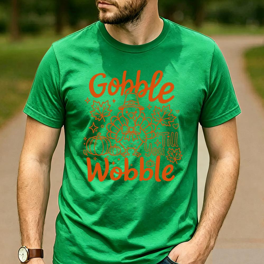 Gobble Till You Wobble Line Art Pilgrim Turkey Pumpkin Maple Leaf Graphic T Shirt Unisex Cotton Funny Thanksgiving Casual Tee