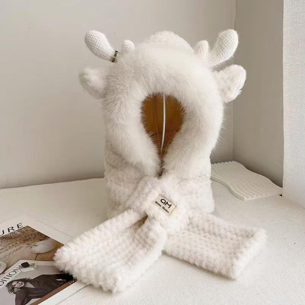 Ear Protection Bear Deer Ears Hat Soft Plush Integrated Cap Scarf Cartoon Winter Hat  Women