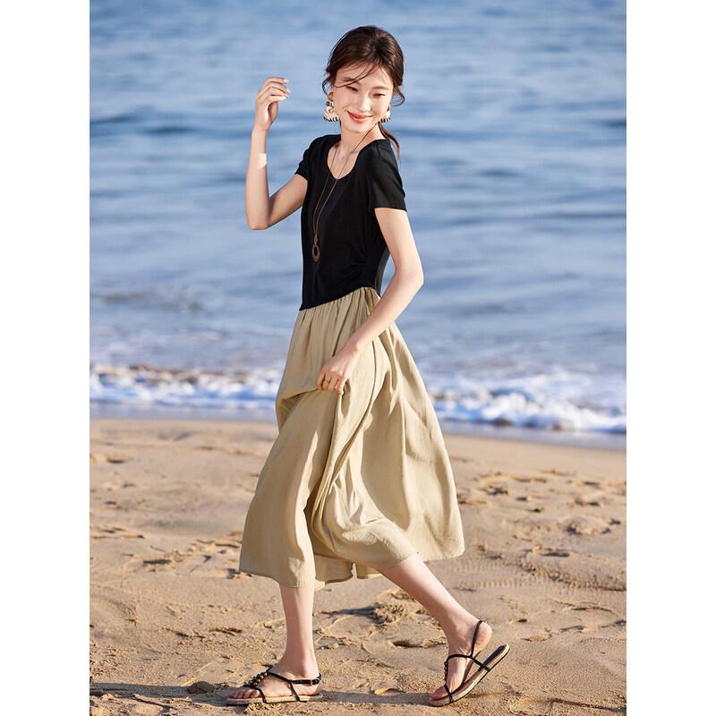 Women's Summer A-line Color Block Midi Dress