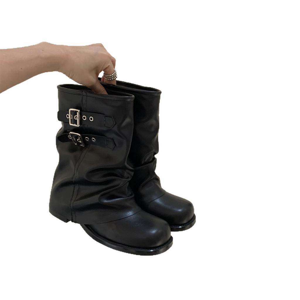 French Spice Girl Style Belt Buckle Thick Heel Trendy Pant Pants Boots Women's Autumn and Winter Fashion Versatile Fried Street Suede Pile Boots