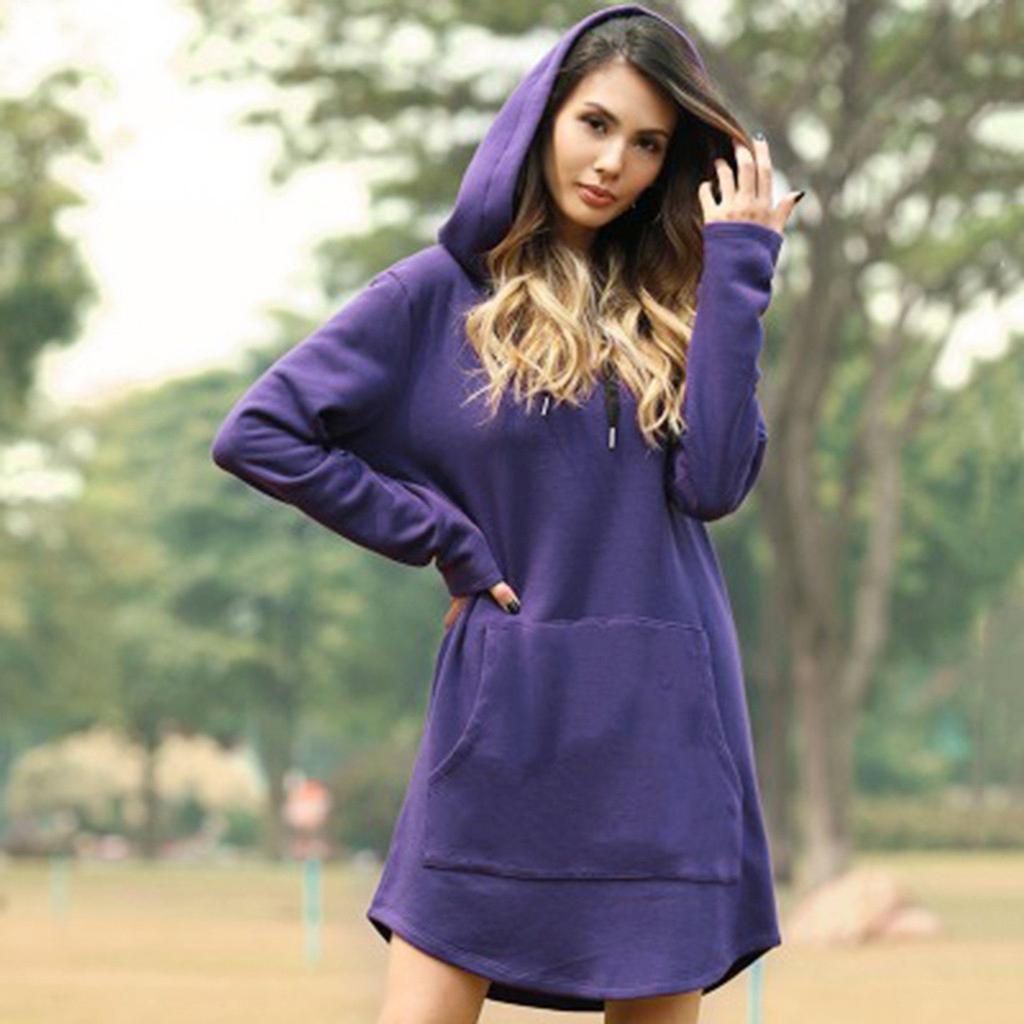 Women Long Length Loose Casual Solid Drawstring Hoodie Pullover With Big Pocket