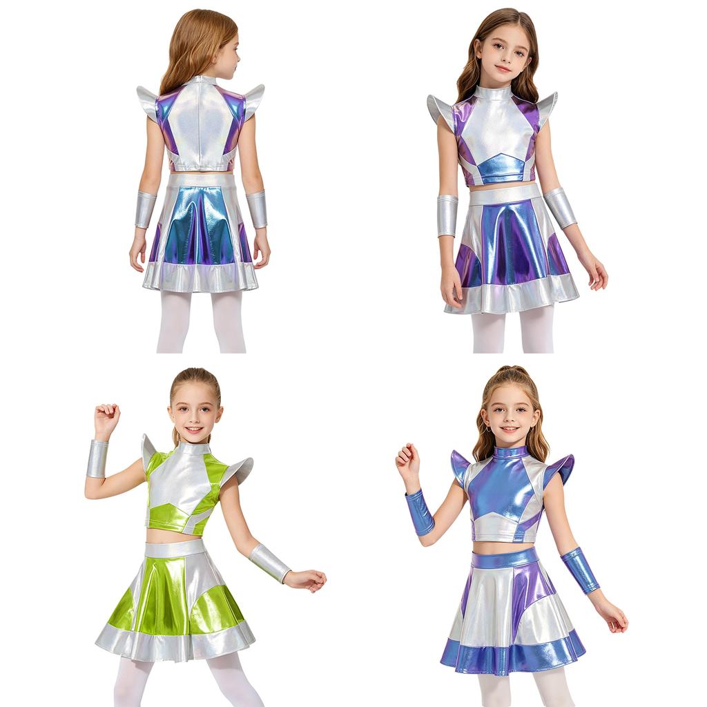Girls Halloween Alien Cosplay Costume 3 Pieces Cap Sleeve Glossy Metallic Short Top Skirt Oversleeves