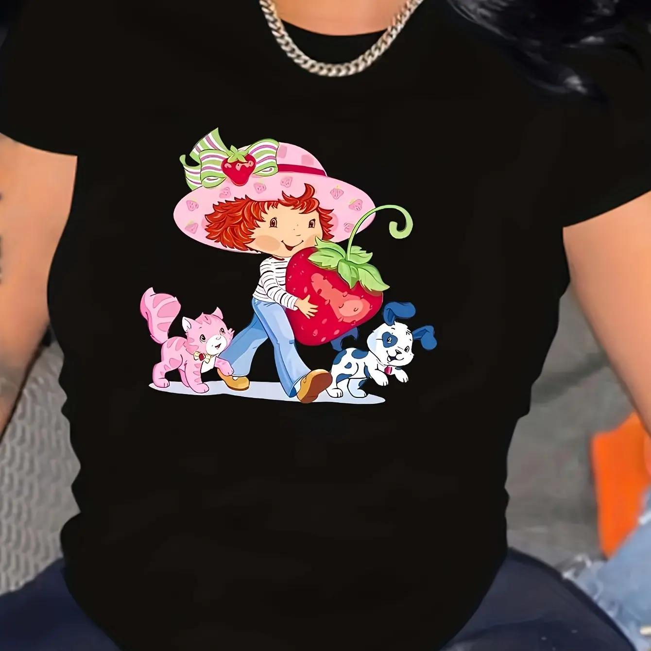 

Vibrant Cartoon Figure & Strawberry Print Relaxed Fit Crew Neck Short Sleeves Casual T-Shirt Y2k Top Graphic Women Clothing 4XL