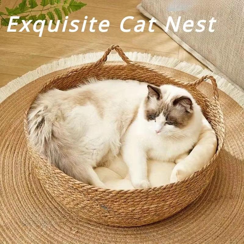 Handwoven Rattan Pet Bed with Detachable Pad Cotton - Round Cat House & Dog Bed, Available All Seasons  Cat Scratching Board