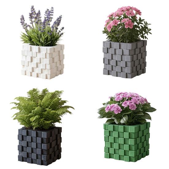 3D Printed Pixel Cube Planter, Grid Spliced Decor, Retro Geometric Ornament, Matte Breathable Structure, Compact Desktop Pot for Succulents Green