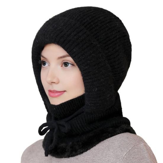 Gestrickte Wollmütze mit Schnürung zur Anpassung, Samtfutter, Gesichts- und Nackenschutz, Reitkopfbedeckung, Winterwärmemütze