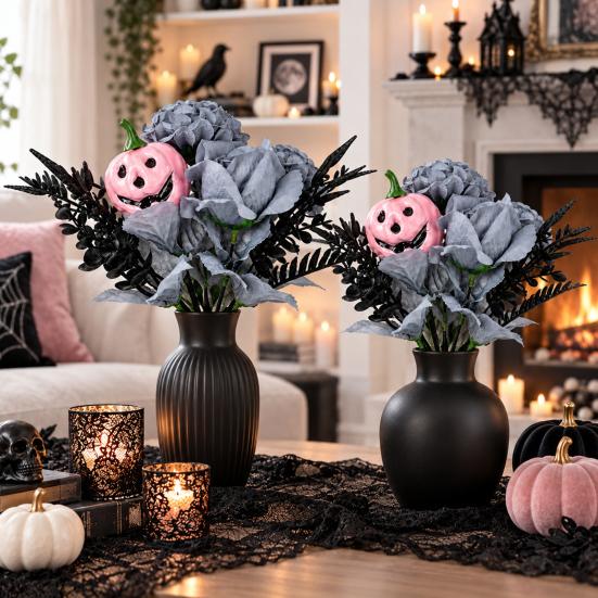 Decorative Silk Flowers for Showcases Halloween Artificial Flower Bouquet, Eucalyptus Floral Stems with Pumpkin Skull, Fake Reusable Dark Theme Party