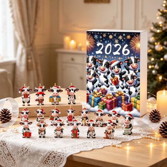 Collectible Christmas Figurines for Enthusiasts Cow Ornament Advent Calendar 2026, 24 Days 2D Acrylic Hanging Pendant Portable Decorations Home