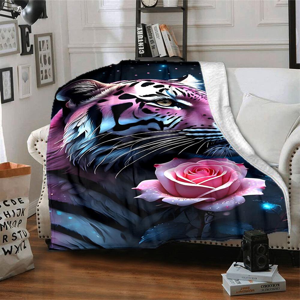 1pc Tiger Rose Print Blanket, Lightweight Flannel Fleece with Digital Printing, Soft Warm for Sofa, Travel, Camping, Office, Couch, Chair, and Bed, Al