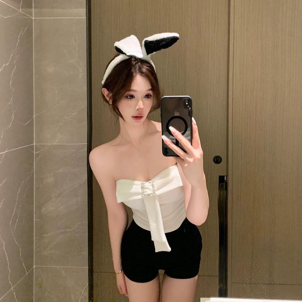 Summer New Pure Desire Bow Metal Decorative Splicing Tube Top Slim and Thin One-piece Top with Chest Pad Women