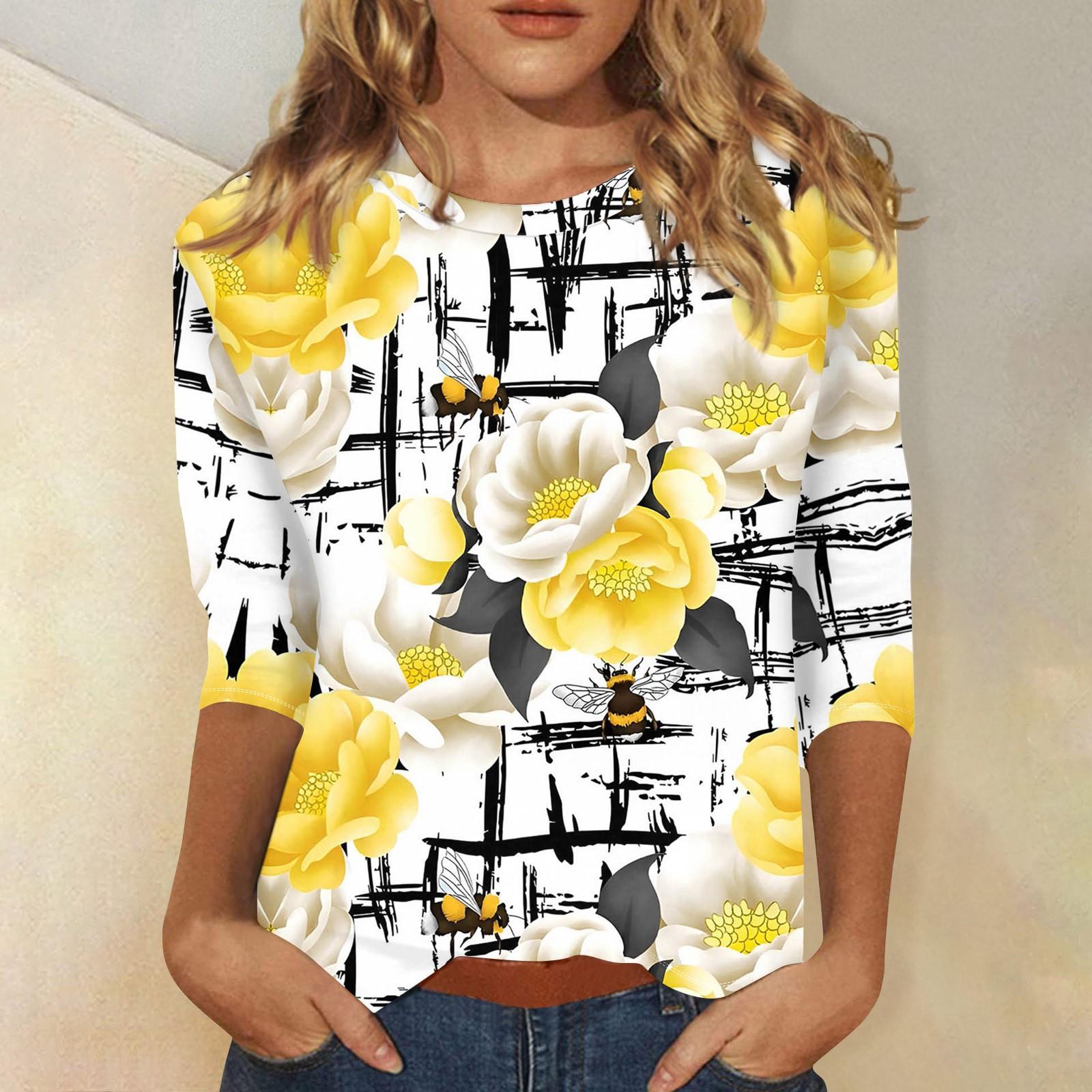 

Женская мода повседневная три четверти рукав винтажный цветочный принт круглый вырез топ XXXL жёлтый