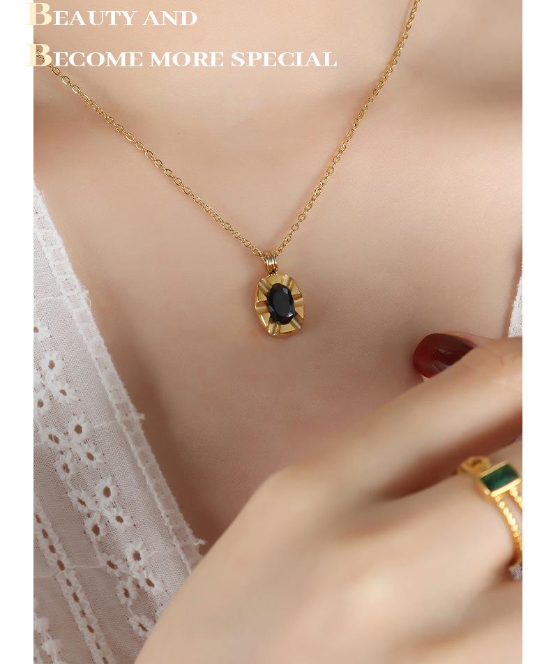 Elegant Black Zircon Oval Pendant Necklace - Gold-Plated Versatile Clavicle Chain for Women