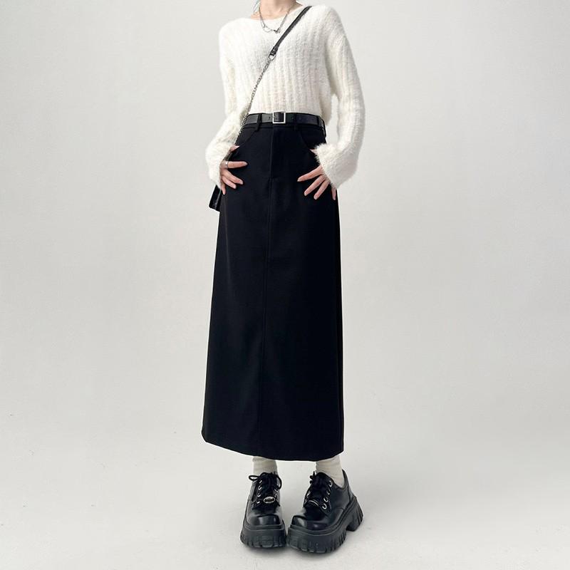 Women Split Suit Midi Skirts Summer Slim High Waist A Line Skirt Female Elegant Casual Office Lady Korean Vintage Black
