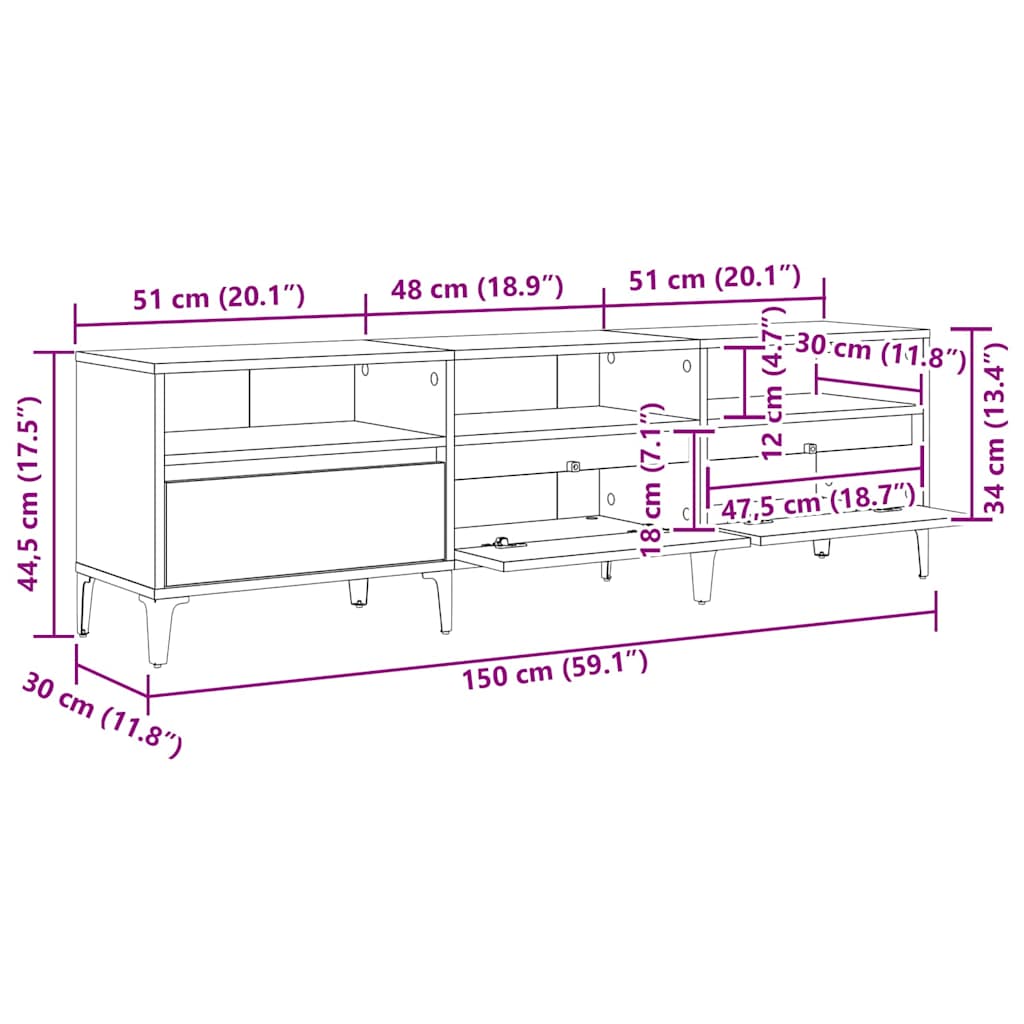 TV Cabinet with Drawers Black Oak Effect 150 x 30 x 45 cm