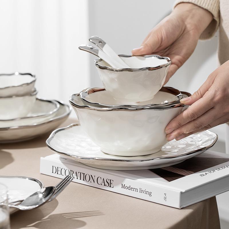 Elegant Hammered Silver Edge Ceramic Bowl & Plate Set - Perfect Housewarming Gift