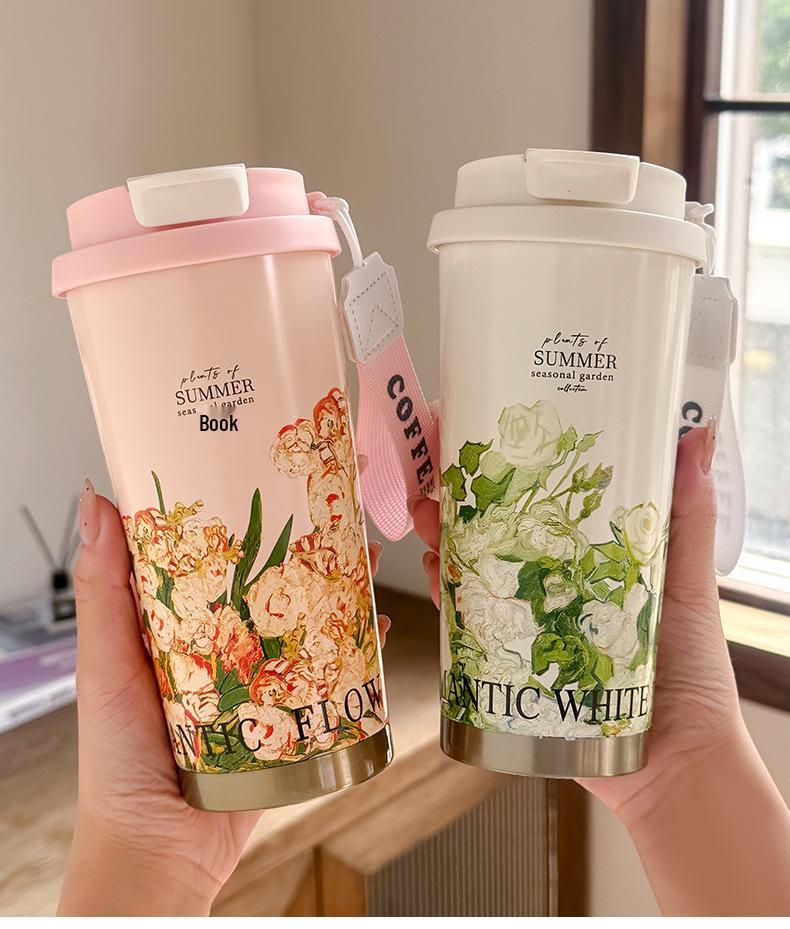 2025 316 Izolovaný hrnek na kávu pro ženy: Elegantní cestovní hrnek s dvojitou stěnou a designem konvalinek