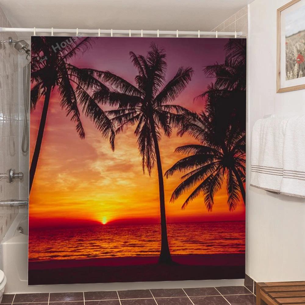 

Seaside Sea Beach Sea Wave Coconut Tree Shower Curtains Bathroom Curtain Fabric Waterproof Polyester Bath Curtain with Hooks W90xH180cm(35x70 in)