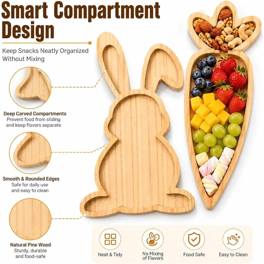Easter Charcuterie Board Set 2PCS, Bunny and Carrot Wooden Serving Trays for Food, Rabbit Snack Platter for Party Hosting, Spring Holiday Table Decor