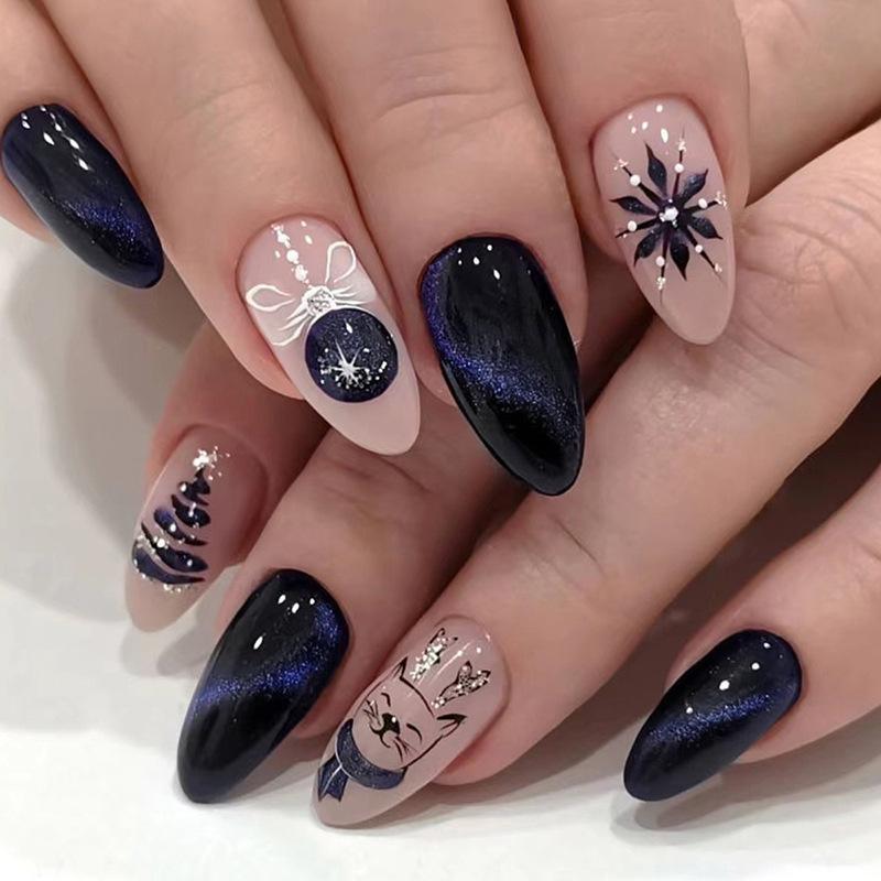 24Pcs Blue Black Night Sky Glitter Snowflake Reindeer Christmas French Press On Nails Perfect Gift For Girls