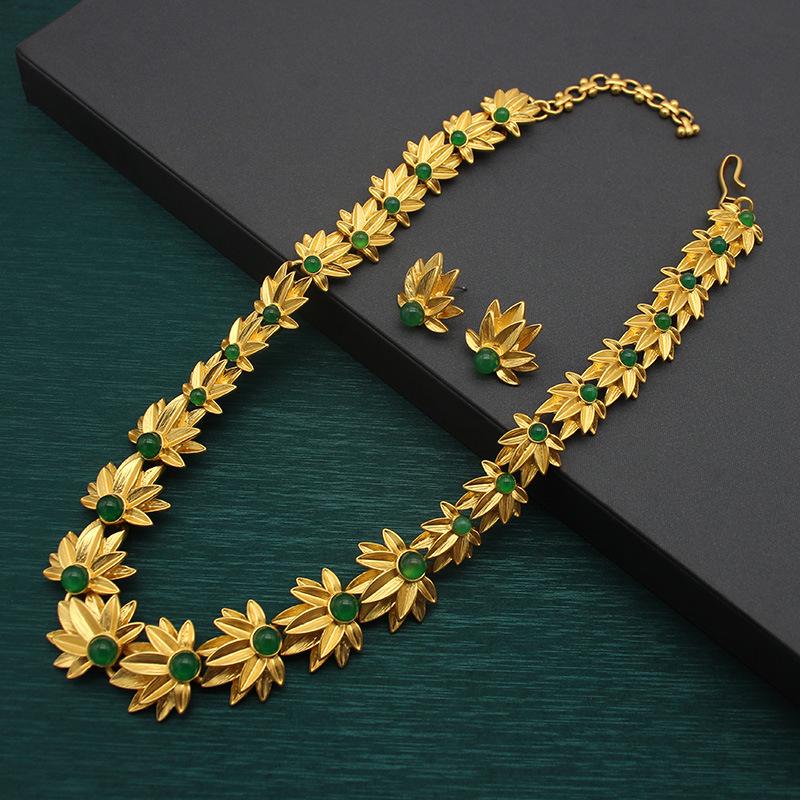 

Versatile Gold Necklace Set with Glass, Petal Agate Beads, Jade, Faux Enamel, and Stud Earrings.