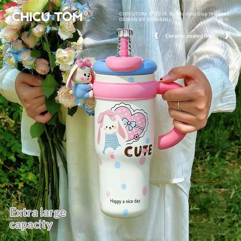 Large Capacity 1250ml Cute Cartoon Insulated Tumbler Straw Cup with Handle for Women Hiking Use