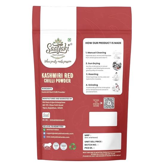 Saatyaki Naturals Organic Kashmiri Red Chilli Powder - 100gm | Pure and Freshly Grounded Spice for Cooking, Marination and Seasoning