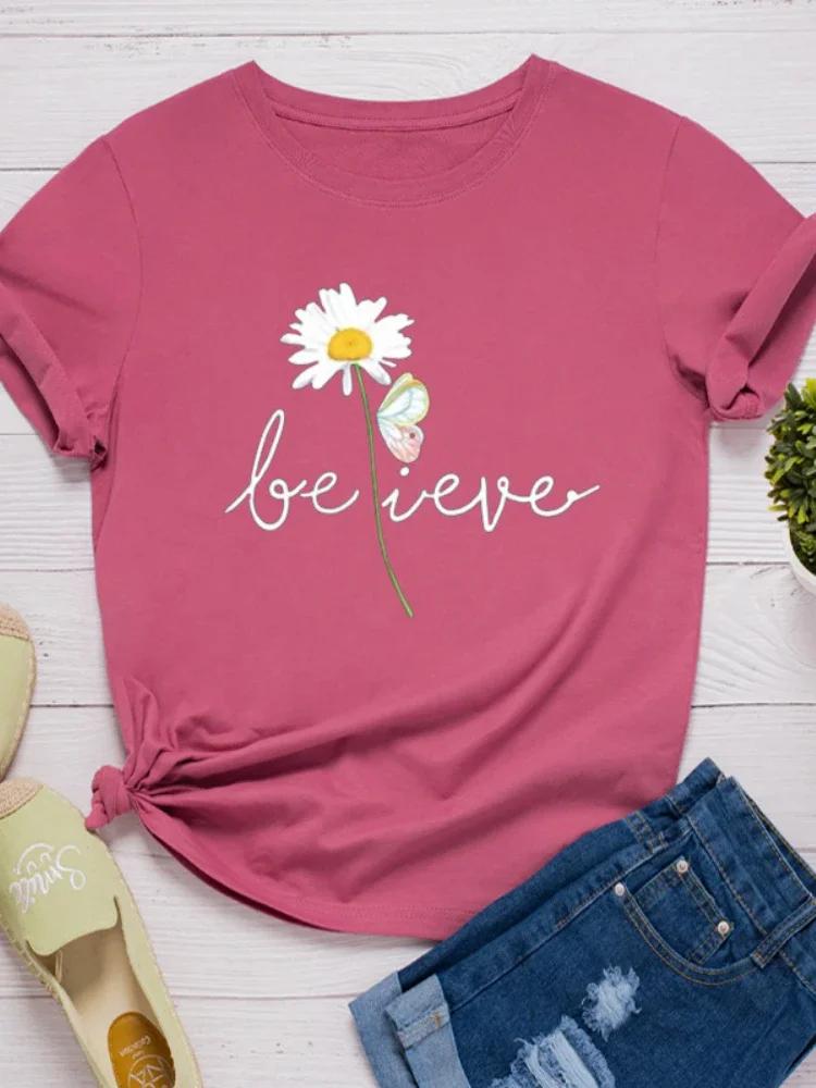 BELIEVE Daisy Print Women T Shirt Short Sleeve O Neck Loose Women Tshirt Ladies Fashion Tee Shirt Tops Clothes Camisetas Mujer