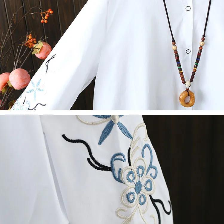 Středně dlouhá vyšívaná košile plus size, volná košile s dlouhým rukávem z čisté bavlny, dámská spodní košile plus size pro tlusté postavy