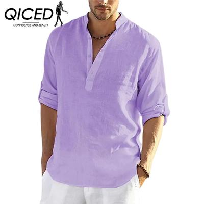 Camiseta Masculina de Linho Manga Longa Moletom Solto Cor Sólida Manga Longa Algodão Tamanho Grande Camisa