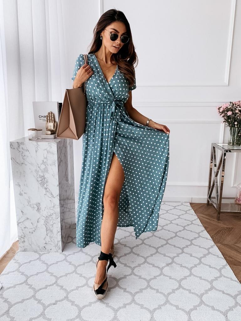Womens Boho Beach Holiday Dress Summer Fashion Maxi Dress Short Sleeve V-Neck Ladies Polka Dot Dreeses Split Vestidos For Femela