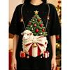 Women's Black Crew Neck Short-sleeved T-shirt, Cute Lamb Christmas Tree Colored Ball Gift Box, Snowflake Print Christmas Day Top