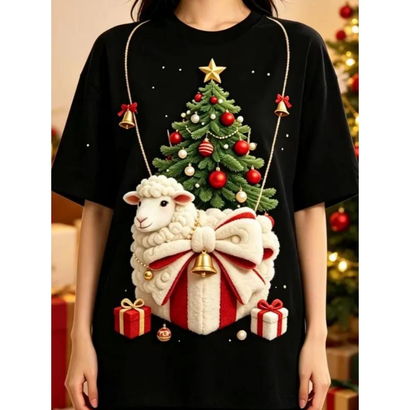Women's Black Crew Neck Short-sleeved T-shirt, Cute Lamb Christmas Tree Colored Ball Gift Box, Snowflake Print Christmas Day Top