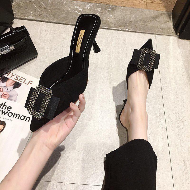 Summer 2025 New Korean Version Outer Wear Stiletto Women's Shoes High Heels Half Drag Pointed Head Bag Head Internet Celebrity Middle Heel Sandals Tid
