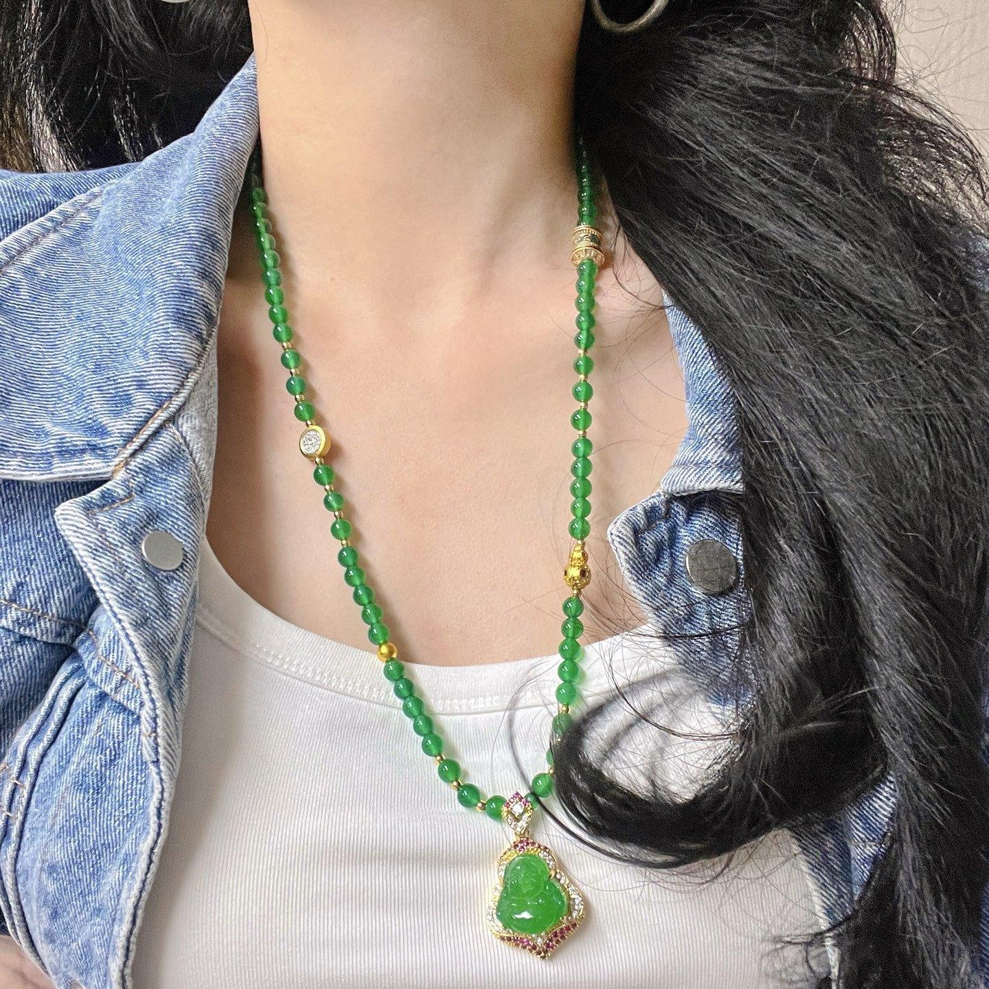 Natural Ice Through Emperor Green Chalcedony Necklace Sweater Chain Pendant