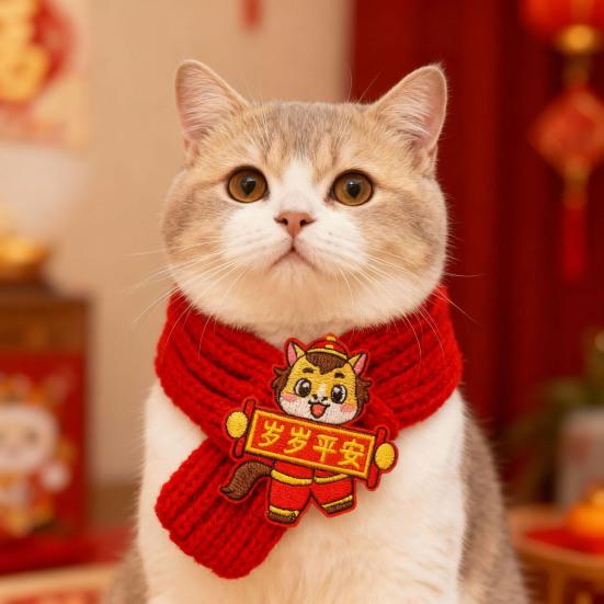 Roter gestrickter Katzenschal Jahr des Pferdes Hundeschal Chinesisches Neujahr Haustierschal für Katzen und kleine Hunde Festliches Kostümzubehör