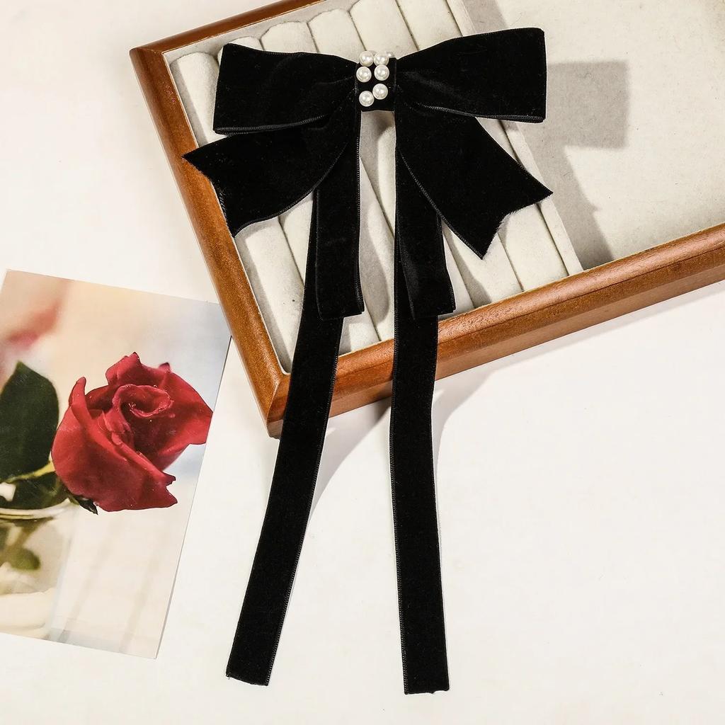 Velvet Ribbon with Pearl Korean Hair Clips for Women Elegant Long Tassel Large Bows Girls Hairpin Accessories Autumn Winter New
