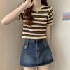 Camiseta de Verano Casual Coreana Corta y Versátil a Rayas Adelgazante Cuello Redondo Manga Corta Top para Mujer