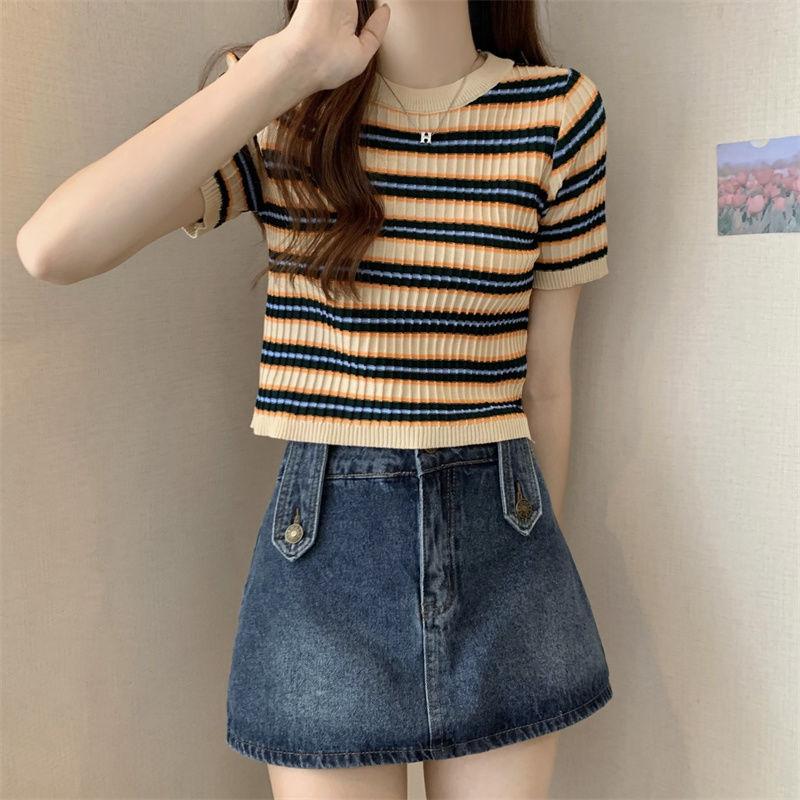 Camiseta de Verano Casual Coreana Corta y Versátil a Rayas Adelgazante Cuello Redondo Manga Corta Top para Mujer