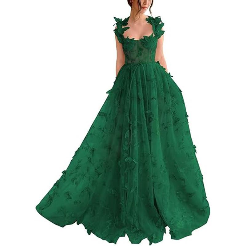 Women's Light Green Spaghetti Strap Bodycon Dress with Floral Embroidery and High Slit