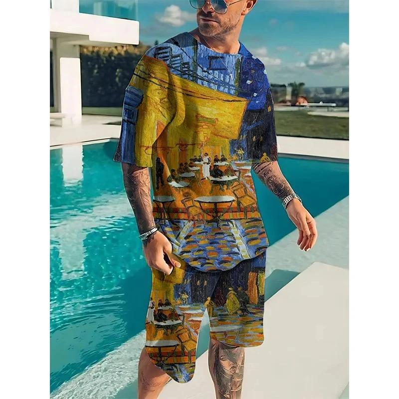 Van Gogh La Notte Stellata Dipinto Stampa 3D Uomo Tute Set Uomo Streetwear Pantaloncini 2 Pezzi Tuta Sportiva Uomo Abbigliamento