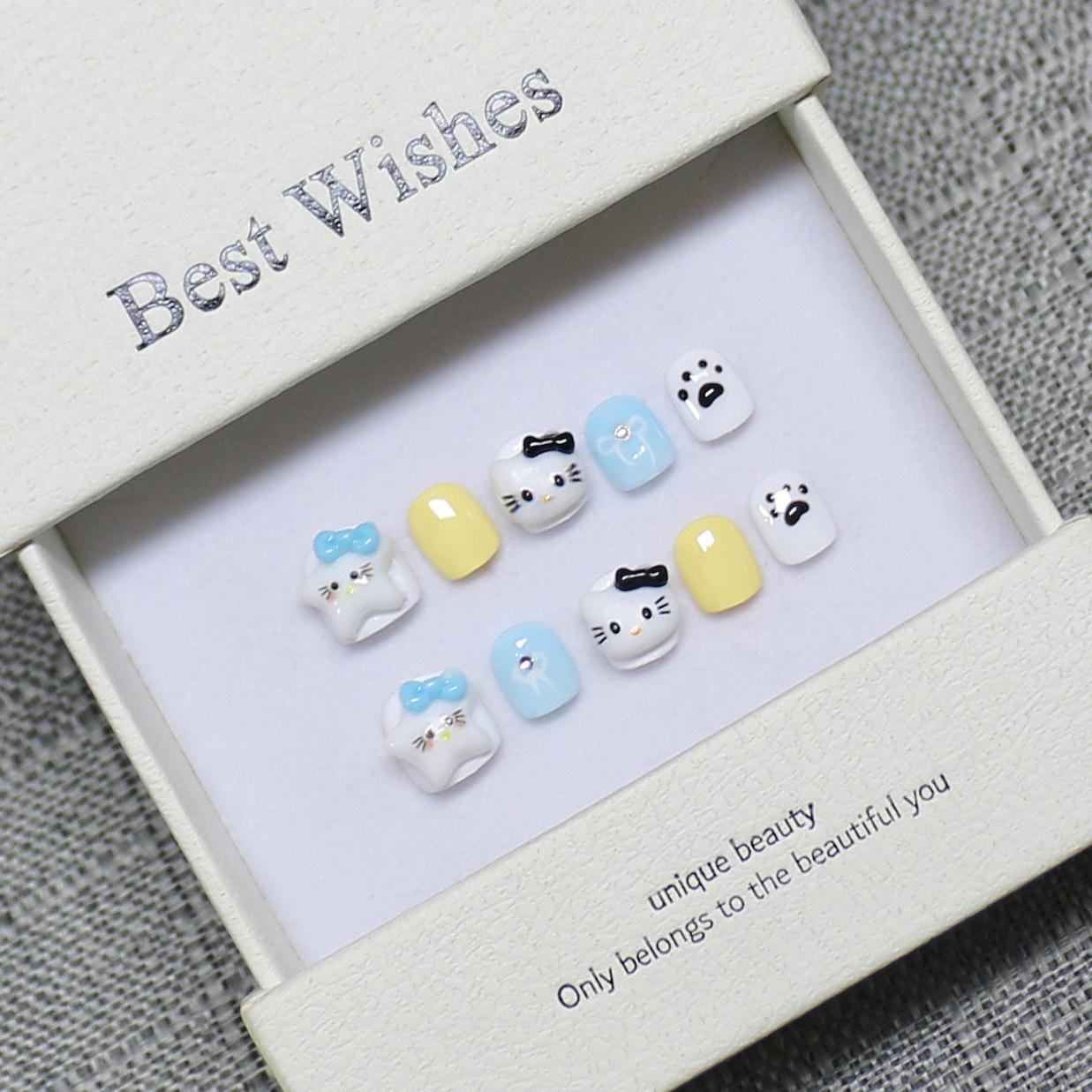 Kids  3D Hello Kitty Wearable Nails - Cute Cartoon Heart Bow Design S