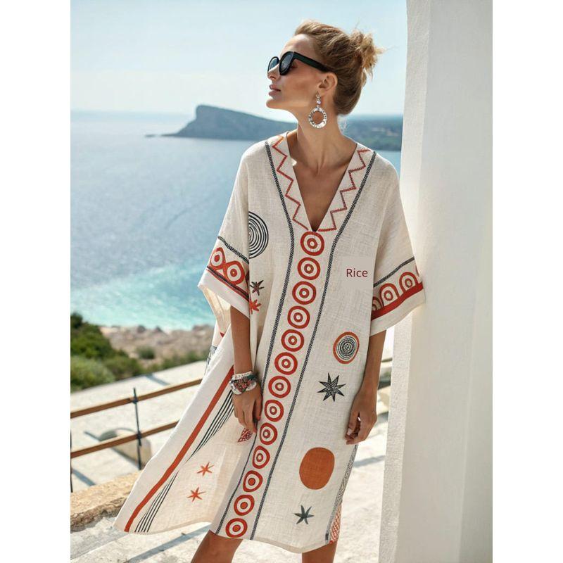 New Amazon Women's Clothing Super Fairy V-Neck Dress Seaside Vacation Beach Dress Printed Loose Mid-Length Dress