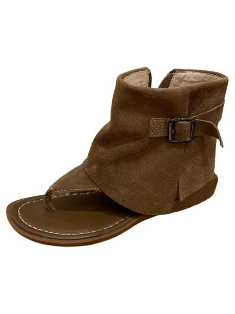 Leather new fashionable retro toe open-toed high-top sandals women's side zipper cool boots